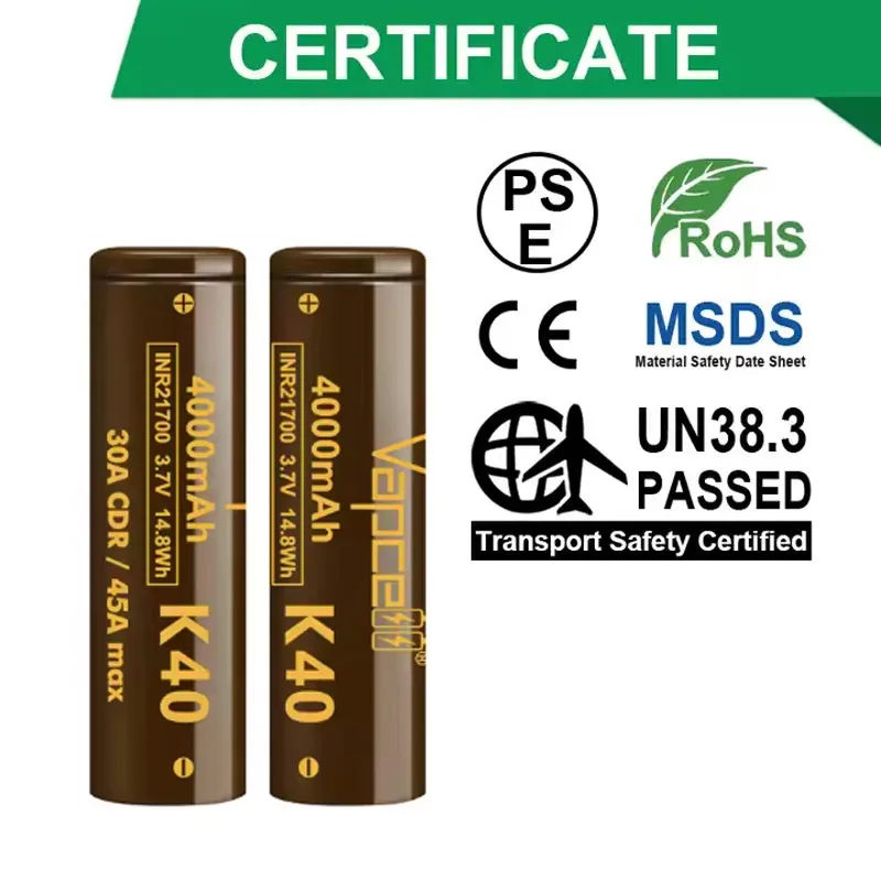 Vapcell-懐中電灯用の高出力リチウムイオン電池,k40 inr 21700,4000mah cdr 30a max 45a 3.7v,21700