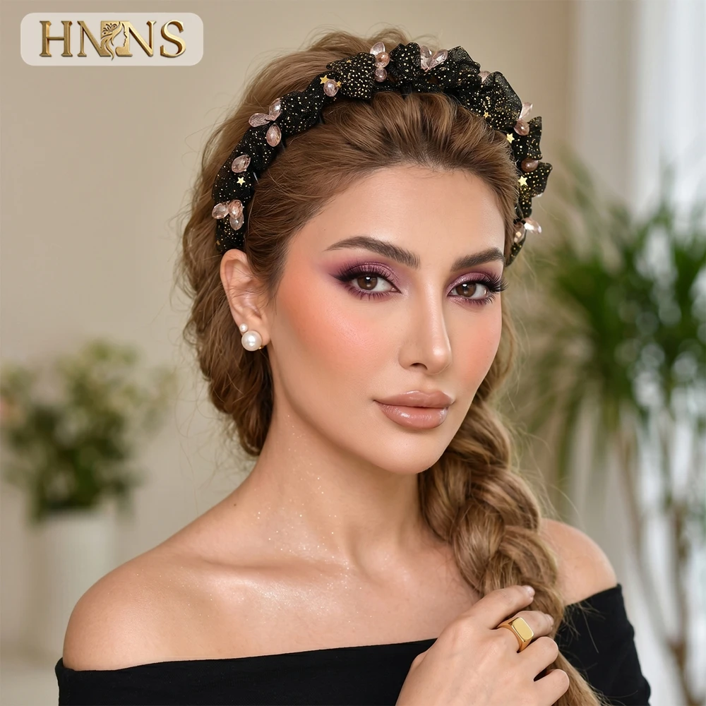 HNNNS Black Glitter Star Mesh Headband With Pink Crystal Non Slip Teeth Hair Hoop Elegant Women Hair Band For Daily YXA434