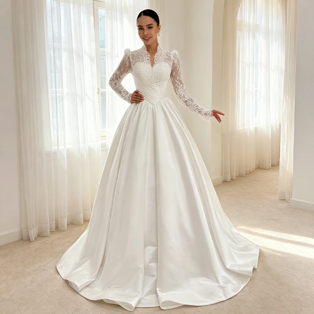 Mophiel A Line Wedding Dresses V Neck Long Sleeve Satin Bride Dress for Women with Lace Beading Church Bridal Gown Customized