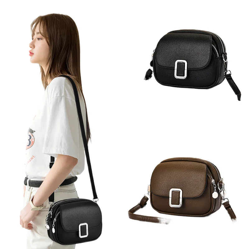 

Soft Leather Bag for Women 2025 New Fashionable Women's Multi layer Small Round Bag, Mobile Wallet, Versatile Single Shoulder Cr