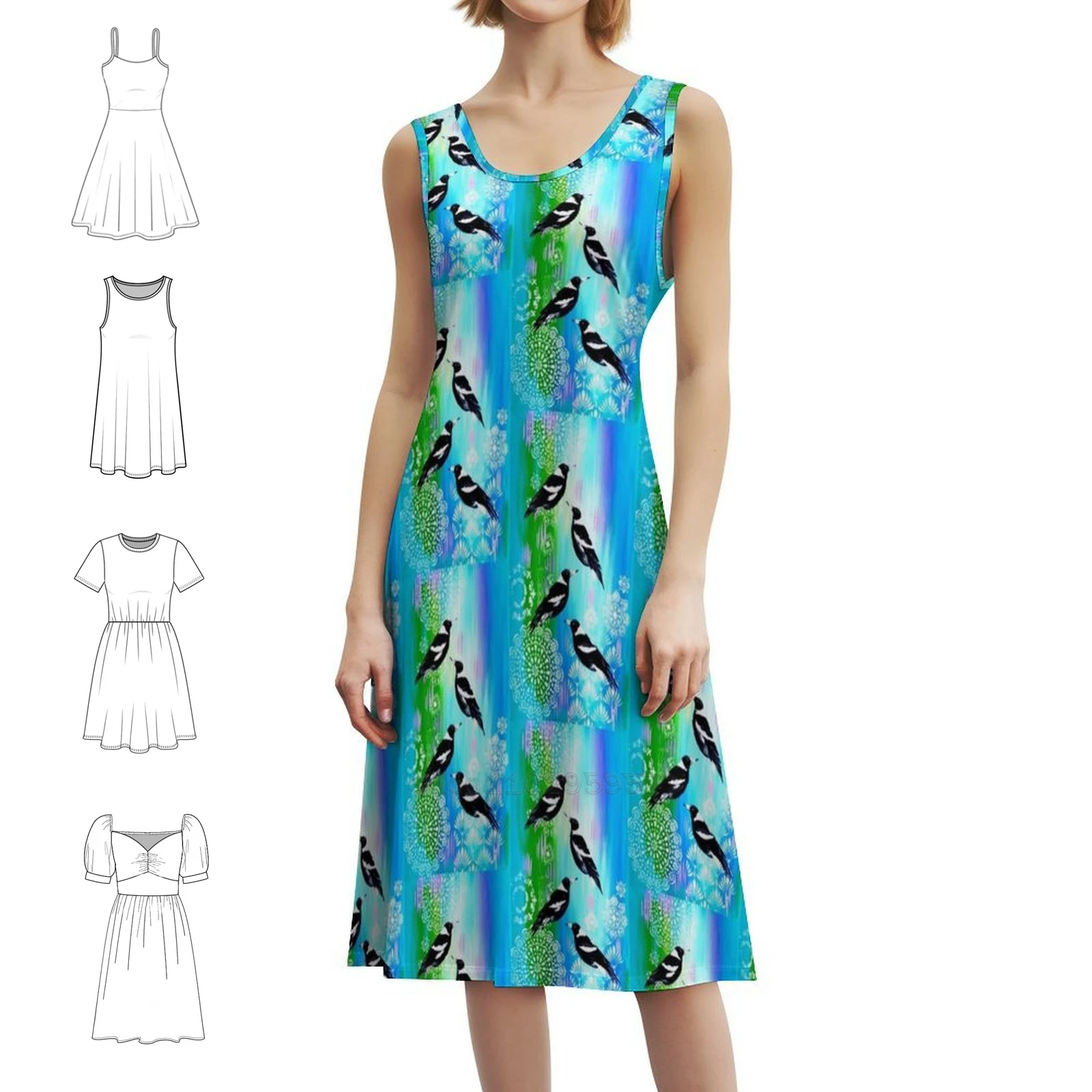 

Australian Magpies Vintage Bohemian Dress Puff Sleeve Or Sleeveless Options For Women Dress Blue And Green Green And Blue Blue