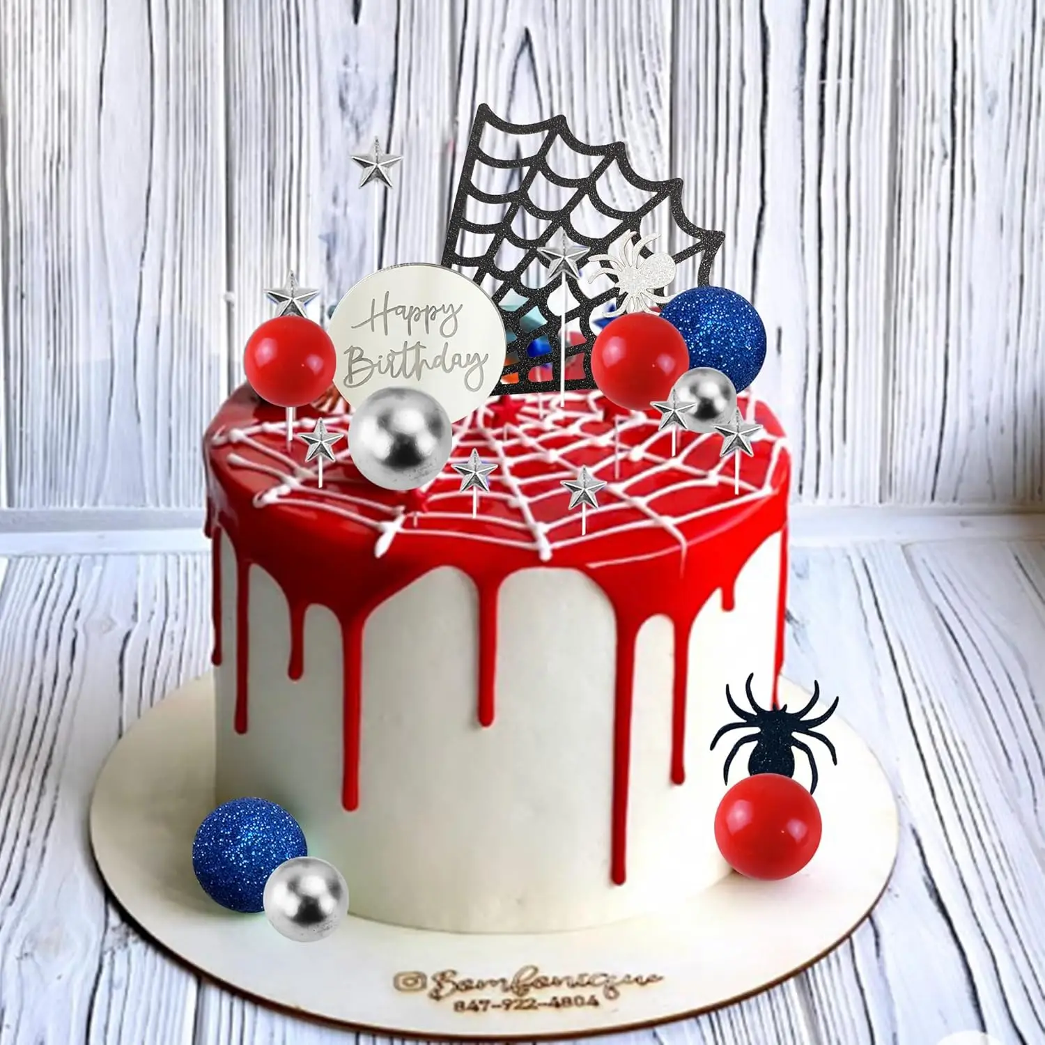 Morofme Spinnennetz-Kuchendekorationen, Spinnen-Thema, Kuchendekoration, glitzernde Spinne, alles Gute zum Geburtstag, Topper, Sterne, Kugeln, Cupcake-Topper – Detail 7
