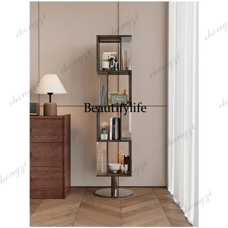 Black rotating floor bookshelf, living room bookshelf with ambient light, solid wood magazine rack