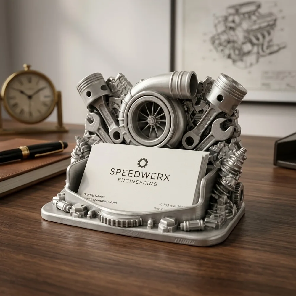 Metallic Texture Industrial Style Automotive Plastic Business Card Holder Mechanic Engine Piston Desktop Storage Seat Decoration
