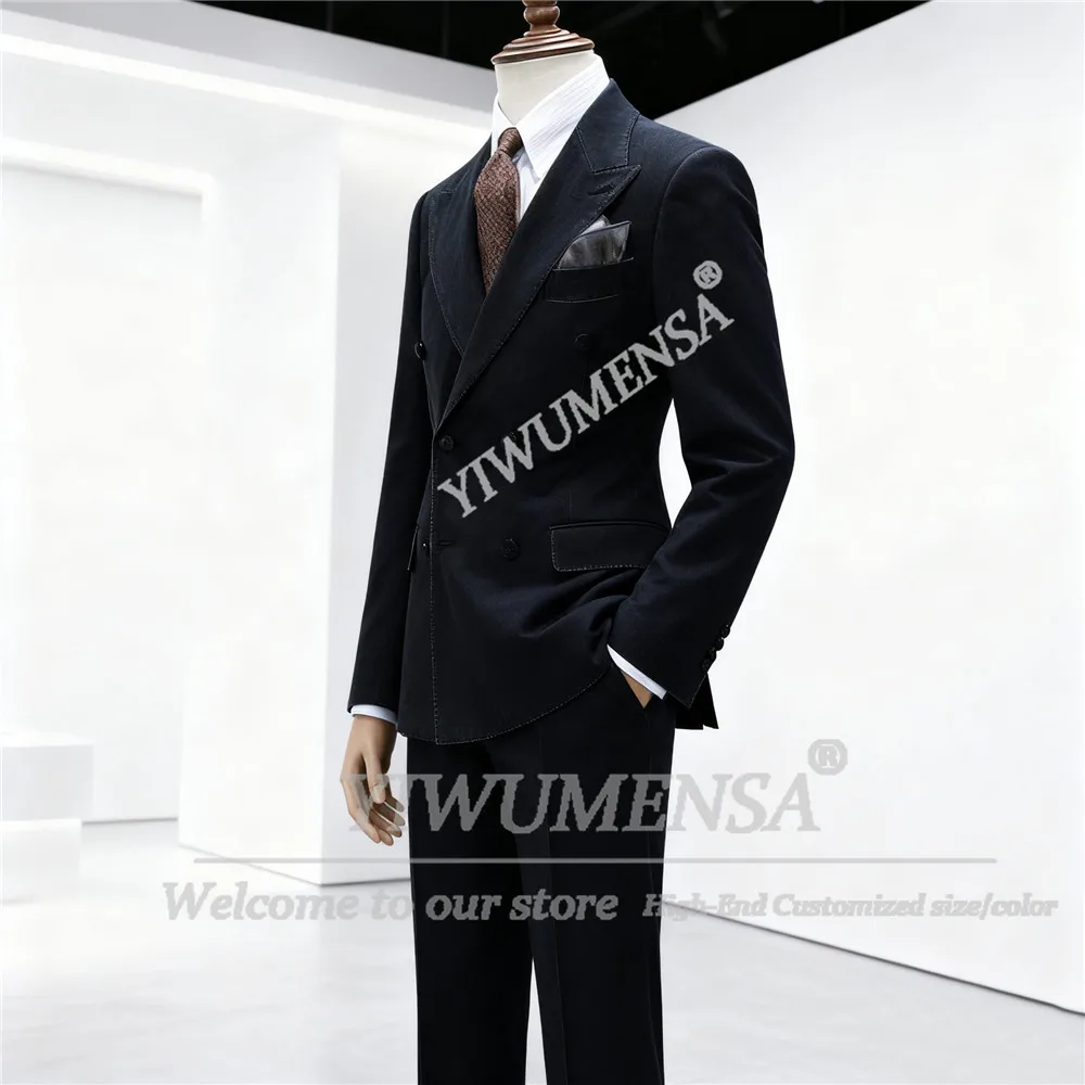 الكلاسيكية الدنيم الصلبة دعوى الرجال 2 قطعة مجموعة مزدوجة الصدر سترة السراويل مخصص رجل الأعمال السترة وتتسابق trajes الفقرة hombre