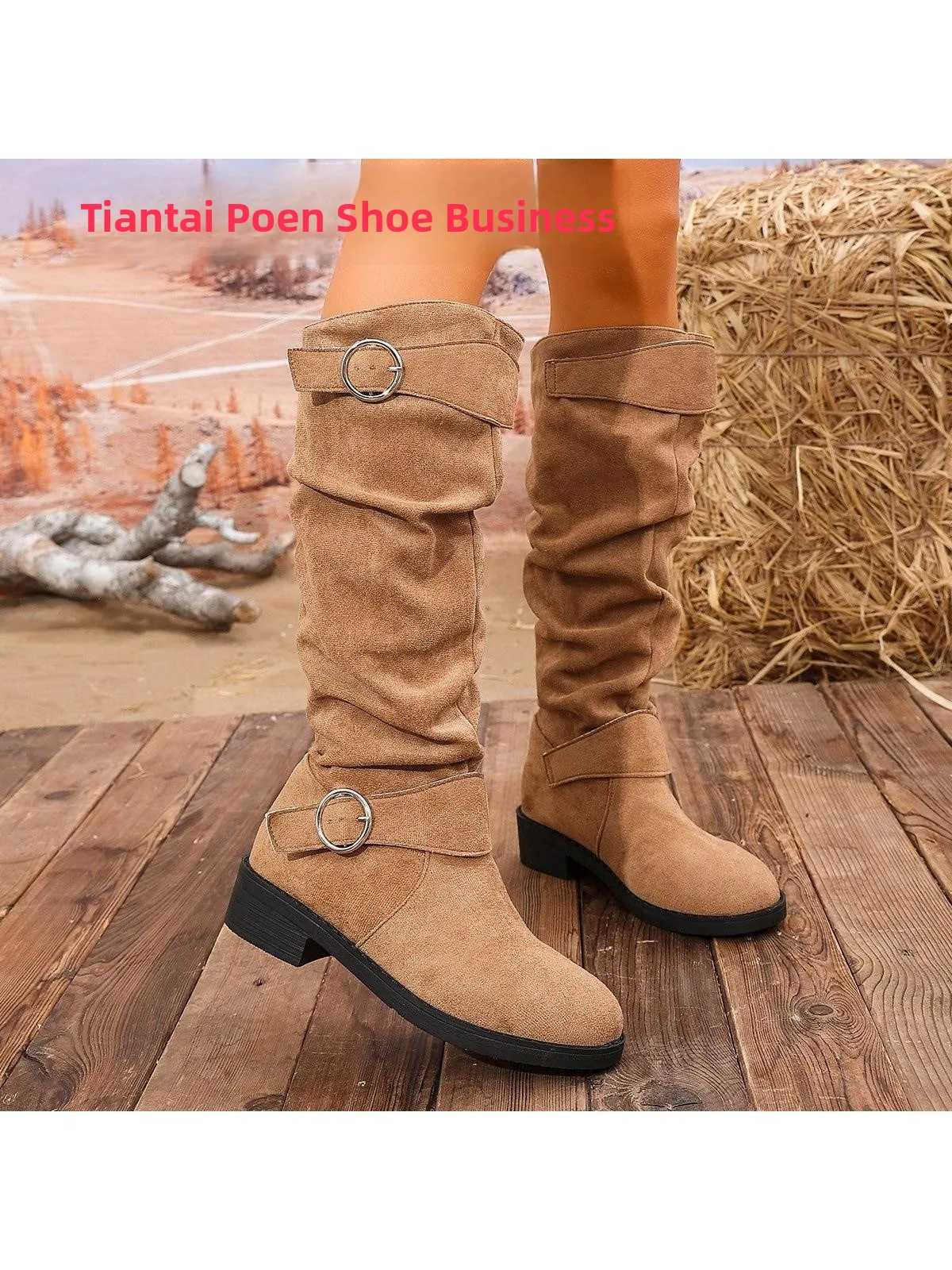 

Faionable Autumn Winter Leather Boots Folded round Head Mid-Calf Women's Boots Sli Western Boots Pure Color Rubber Outsole