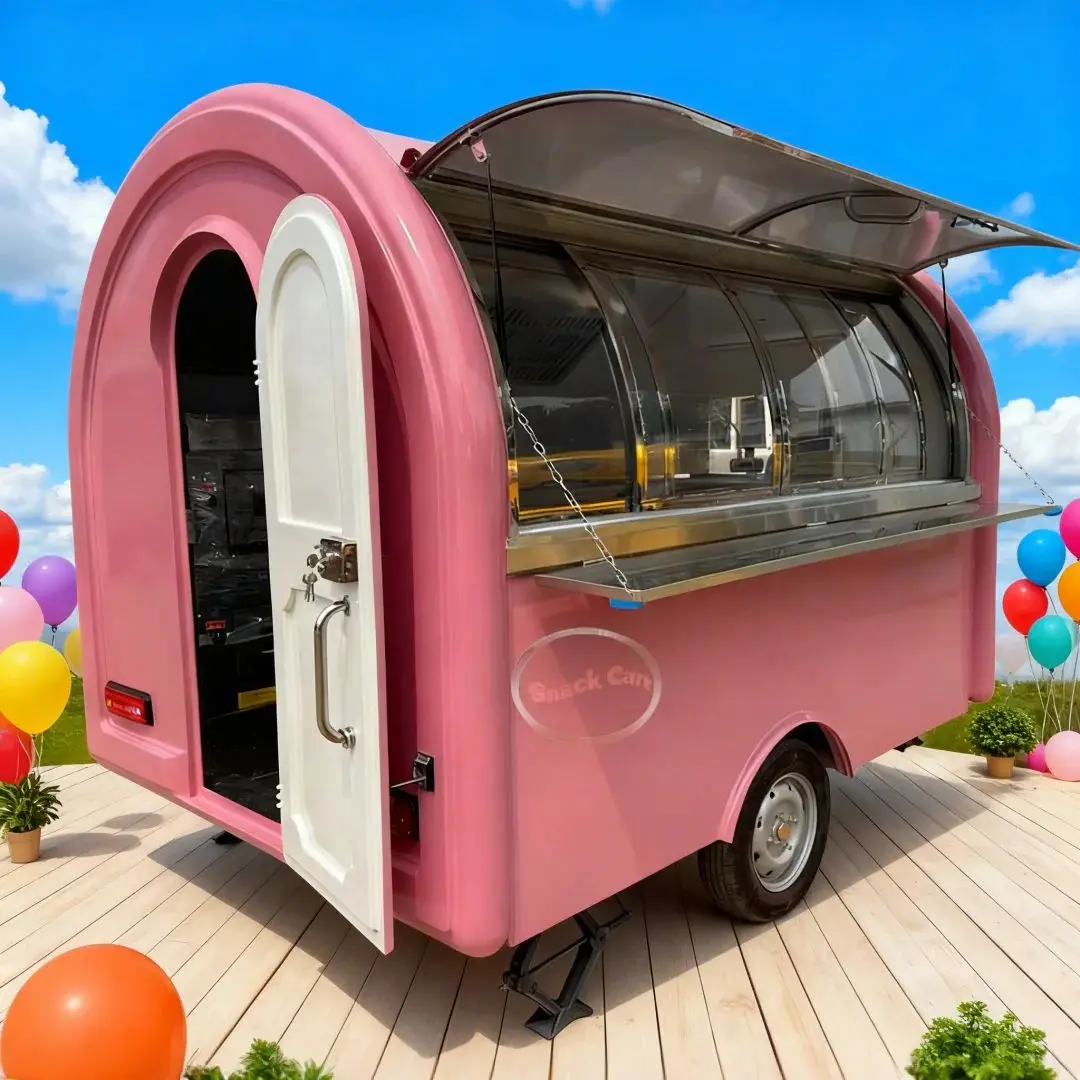 

Outdoor food trailer in pink color, with a cute and round shape, an eye-catching mobile food cart