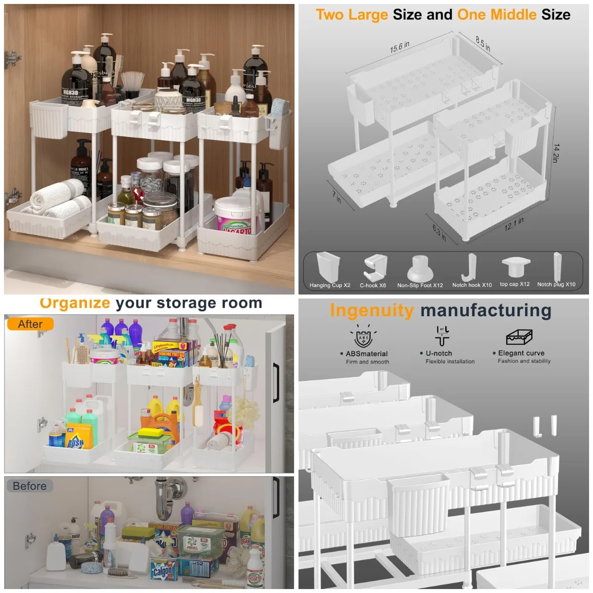 

3-Pack Under-Sink Organizers, 2-Tier Sliding Drawer Storage for Kitchen & Bathroom (White, 12.8')