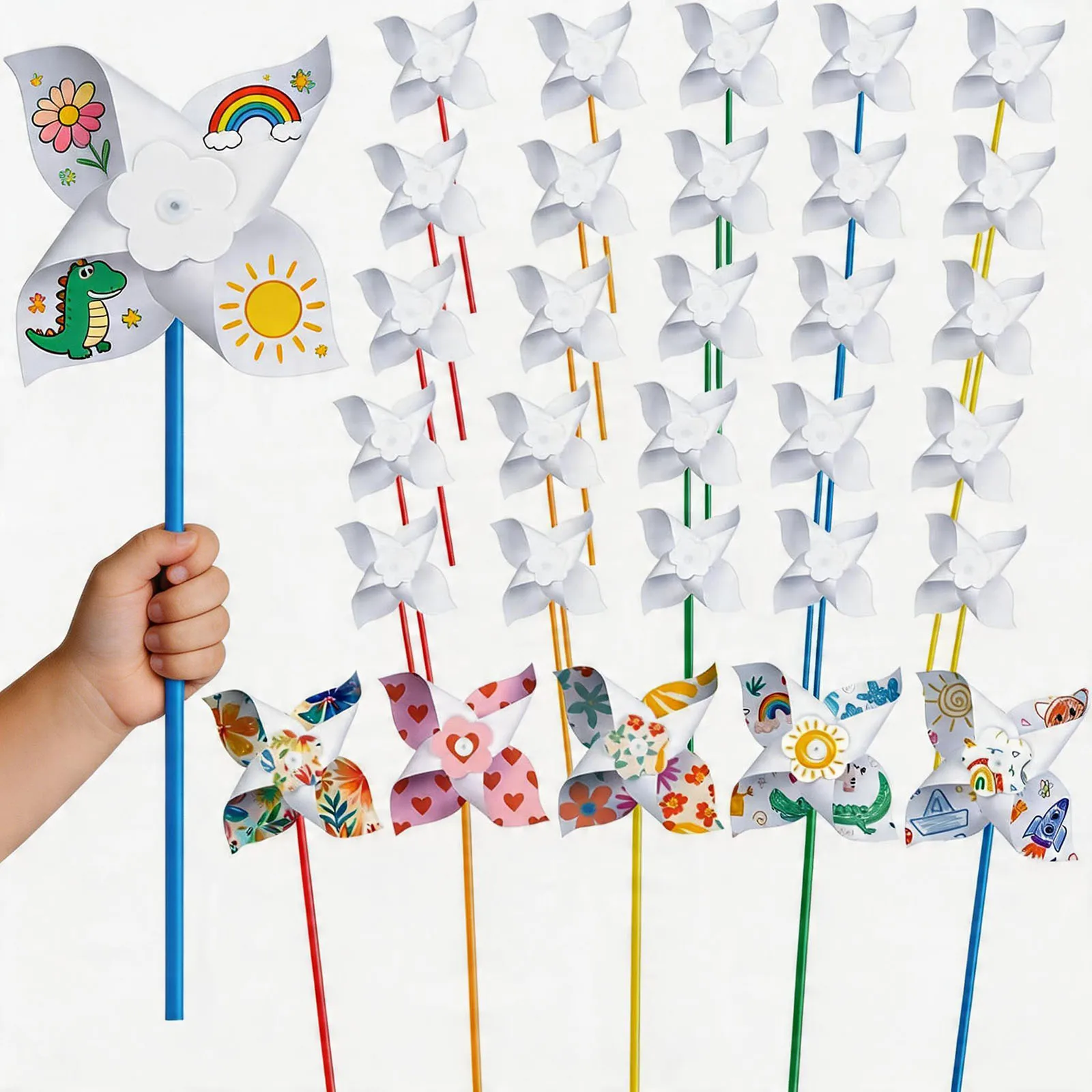 100Pcs DIY Paper Pinwheels Craft Kid Color Your Own White Pinwheels Bulk Summer Spring Craft for Art Craft Party Activity Easter
