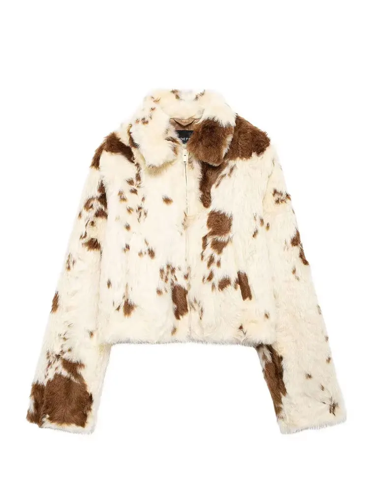 HH 2024 Winter Fashion Faux Fur Coats For Women Long Sleeves Print Side Pockets Zipper Fly Turn-Down Collar Causal Jackets