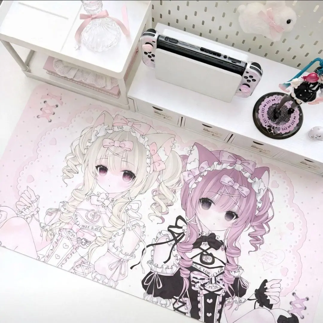 Leather PU Desk Pad Protector Japan Anime Girl Lace Love Heart Y2K Rabbit Mouse Pad Office Desk Mat Non-Slip PU Desk Blotter Pad