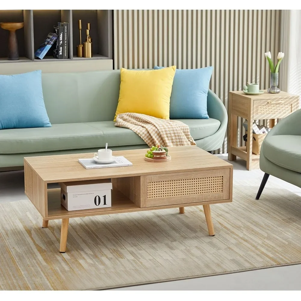 

Modern Coffee Table with Storage, 41.3 Inch Rectangle Wooden Accent Center Sofa Table with Sliding PE Rattan Woven Door