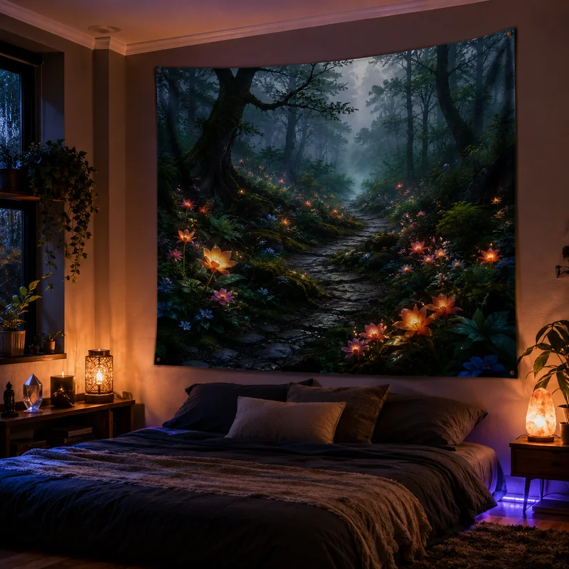 VIKAMA Morning Mist Secret Forest Lotus Tapestry Moss Ancient Tree Stone Path Warm Light Room Decoration