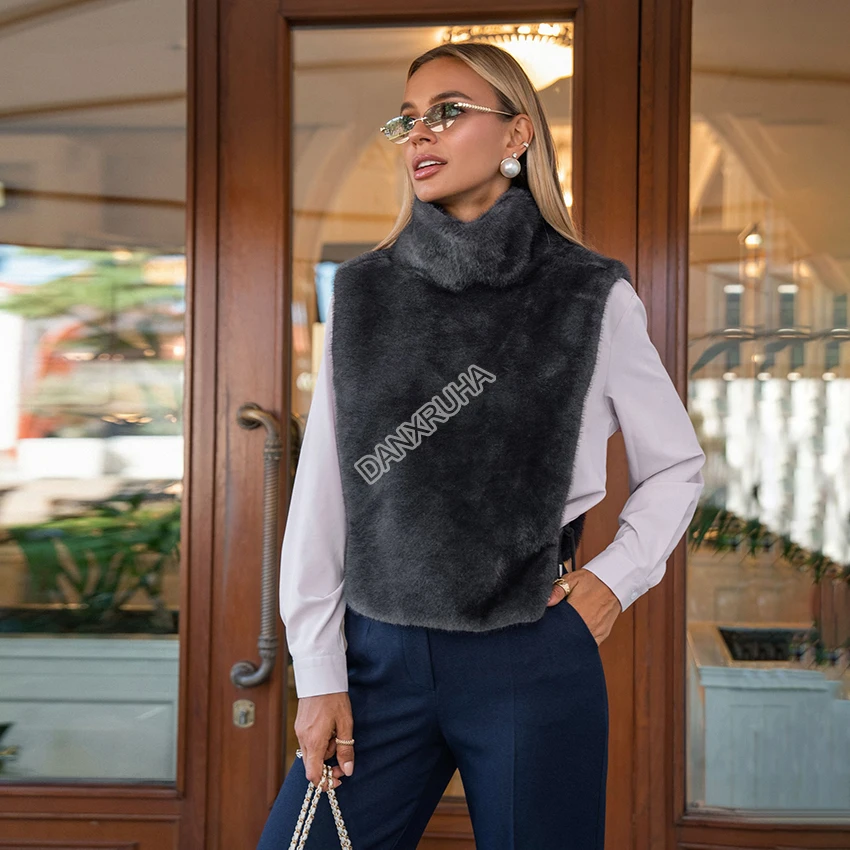 Danxruha 2025 moda feminina casaco de pele sintética colete de sable artificial outono inverno gola alta eco pele de vison regata sem mangas
