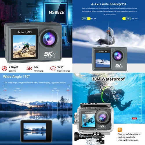Imagen 2 del producto Cámara de acción 5K 4K60FPS Dual IPS Touch LCD DVR EIS 170 ° Cámara deportiva con zoom 5X resistente al agua 30M con micrófono inalámbrico y control remoto Con menú en español