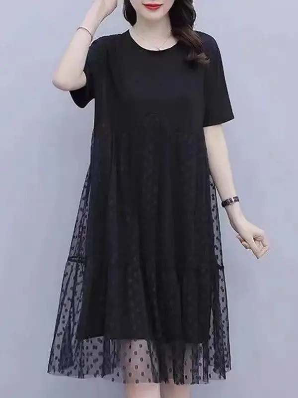 

Slimming Mesh Summer New Style plus Size Dress Cover Stomach High Waist A-Line Short Sleeve Casual Comfortable Breathable