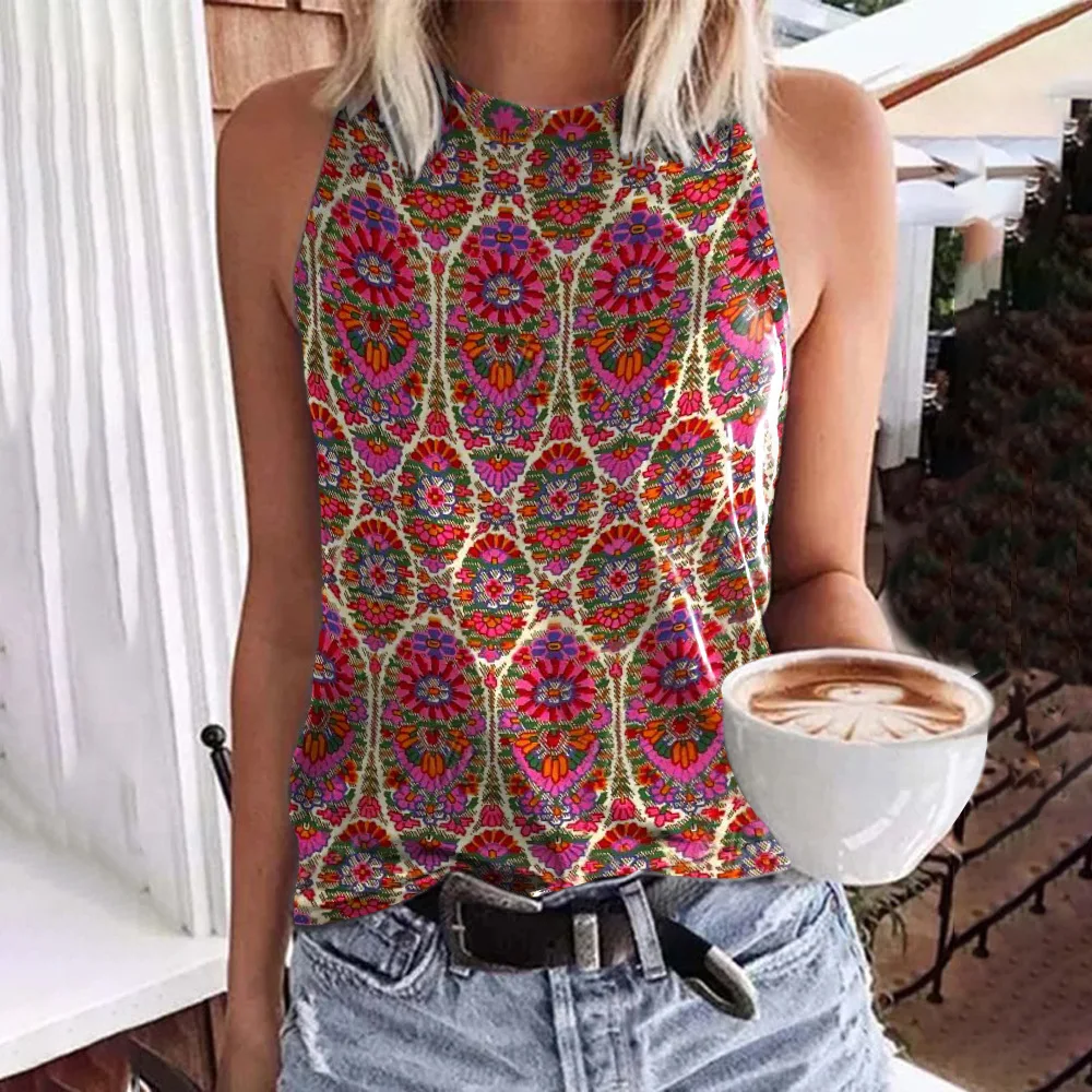Camiseta sin mangas con estampado 3D de flores para mujer, ropa de calle Vintage, Tops Y2k, chaleco de gran tamaño sin hombros, camisola para mujer