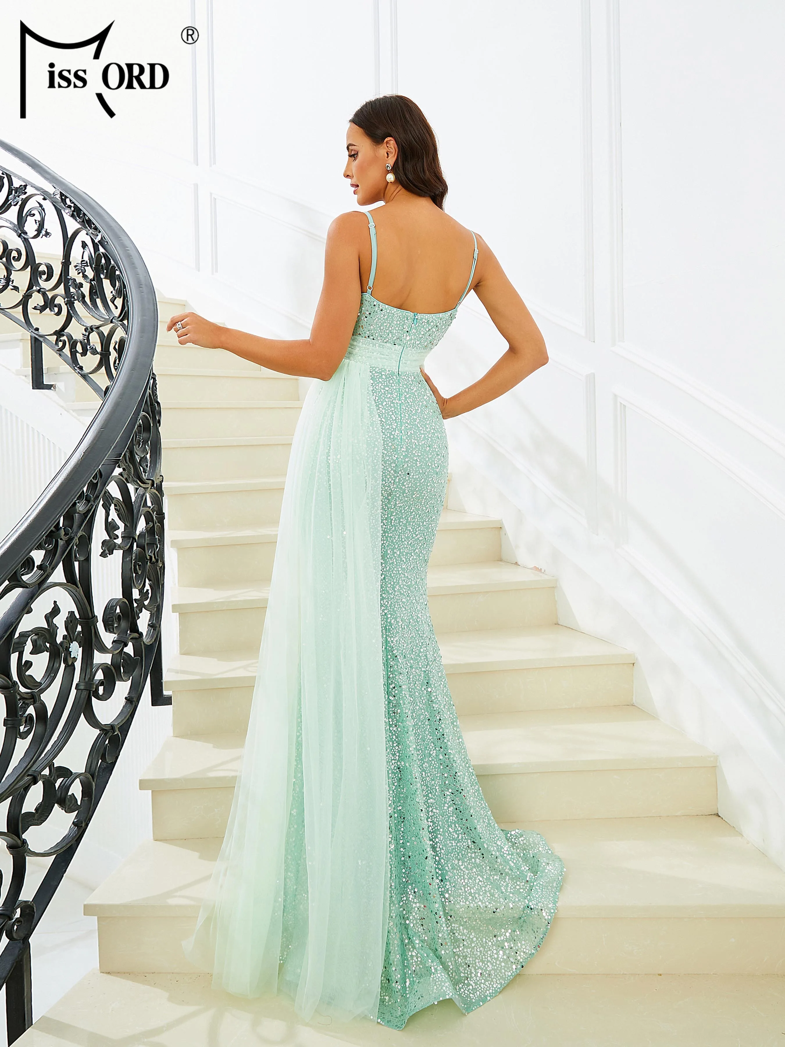 Missord Light Green Sequin Evening Dress Women 2023 Elegant Spaghetti Strap V Neck Mesh Draped Mermaid Prom Party Dresses Gown