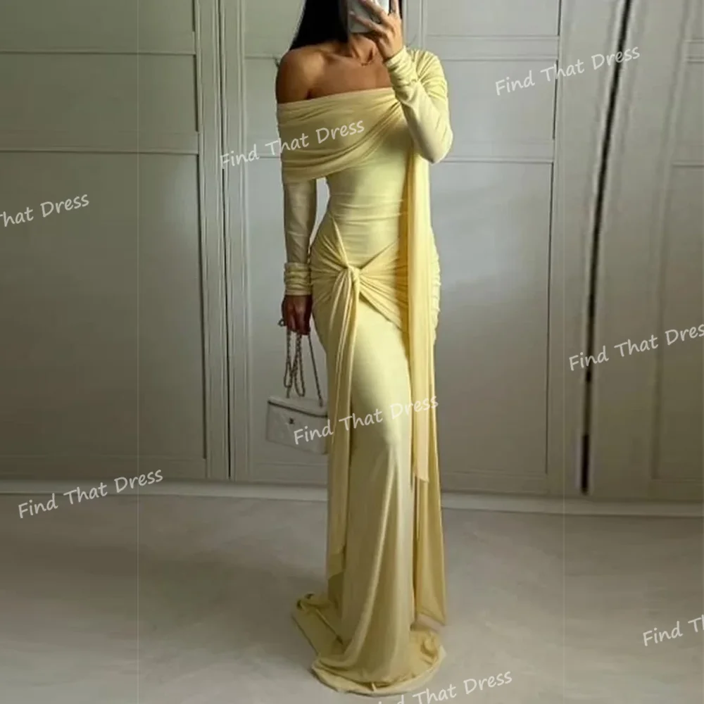

Custom Made Modest Boat Collar Pleated Sexy Sheath Backless Evening Dress Floor Length Long Sleeve Saudi Dress with Train