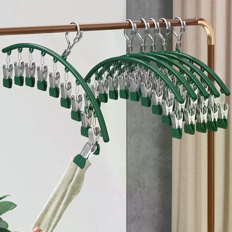 Stainless Steel Clothes Drying Hanger Metal Waterproof Drying Rack 10 Clips Hook Laundry Airer Hanger Underwear Socks Holder