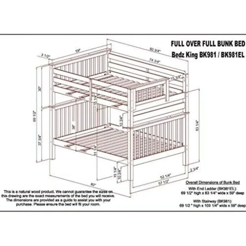 Loft Bed, Full-Trundle Bunk Bed, Full Over Full, No Box Spring Needed, Easy To Assembly, No Particle Board or Mdf, Children Bed