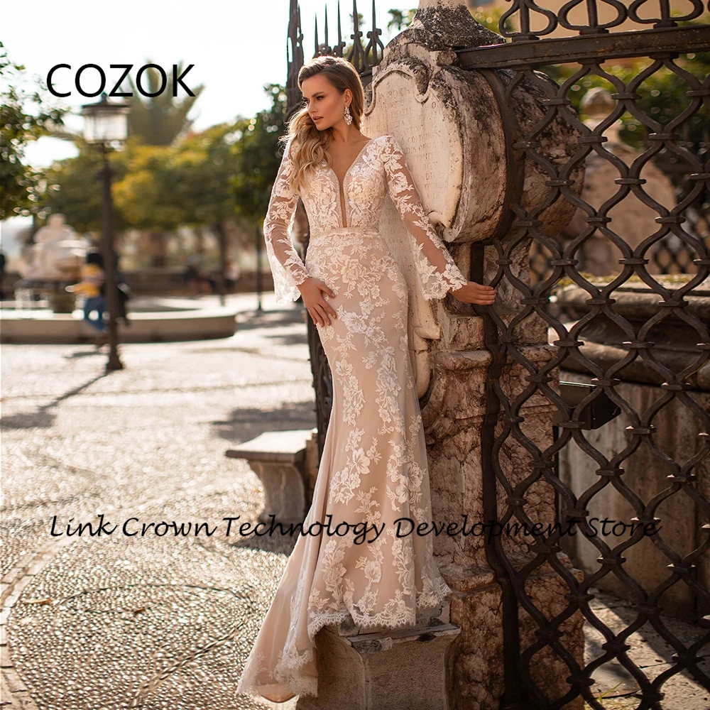 

COZOK Gorgeous Champagne Wedding Dresses for Princess Summer New 2024 Full Sleeve V Neck Bridal Gowns Lace Vestidos De Novia