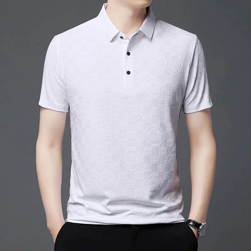 Trend Versatile Summer Polo Shirts Ice Silk Men's Turn-down Collar Solid Button Jacquard Weave Casual Loose Short Sleeve Tops