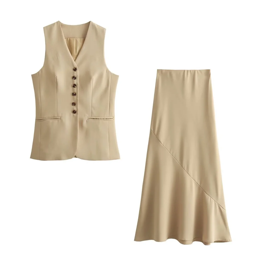 

Elegant Khaki Vest and Skirt 2 Piece Set for Women Summer V Neck Single Breasted Tops with Pocket A-line Half Skirt Outfit