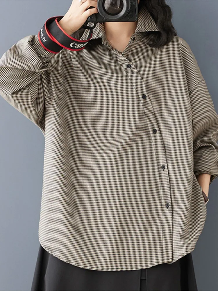 Camisa xadrez de primavera de grandes dimensões topos feminino irregular modis solto senhoras blusas casuais manga longa mulher camisas topos