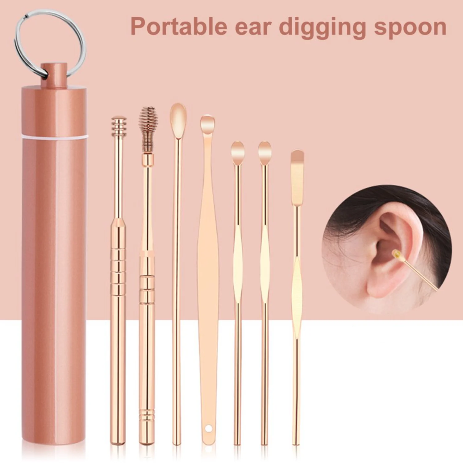 7Pcs/Set Ear Wax Removal Tool, Portable Stainless Steel Spiral Spring Cleaner Ear Curette Earwax Removal Kit with Storage Holder