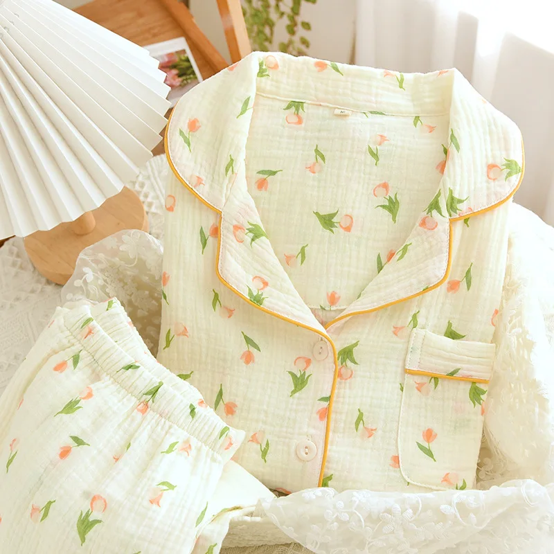 

New Spring Pajamas Women's Long-sleeved Trousers 2-piece Set Cotton Double-layer Gauze Cute Sweet Pure Cotton Loungewear Set