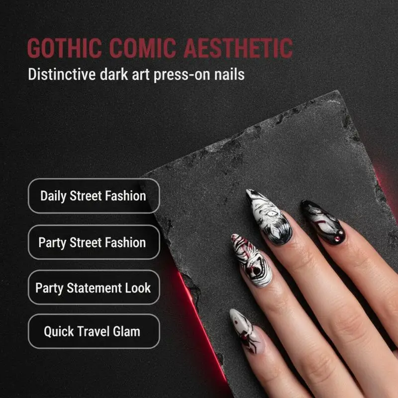 24Pcs Black Red Gothic Oval False Nail Anime Manga Press On Nail 3D Rhinestone Spider Fake Nail Y2K Almond Nail For Women