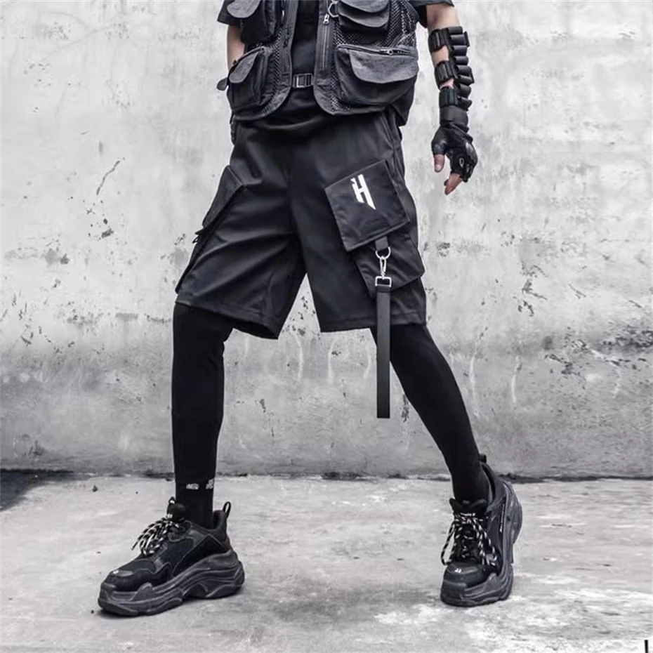 Fake Two Piece Cargo Pants Men Multi Pockets Joggers Pants Ribbon Techwear Y2K Streetwear Hip Hop Black Harem Pants