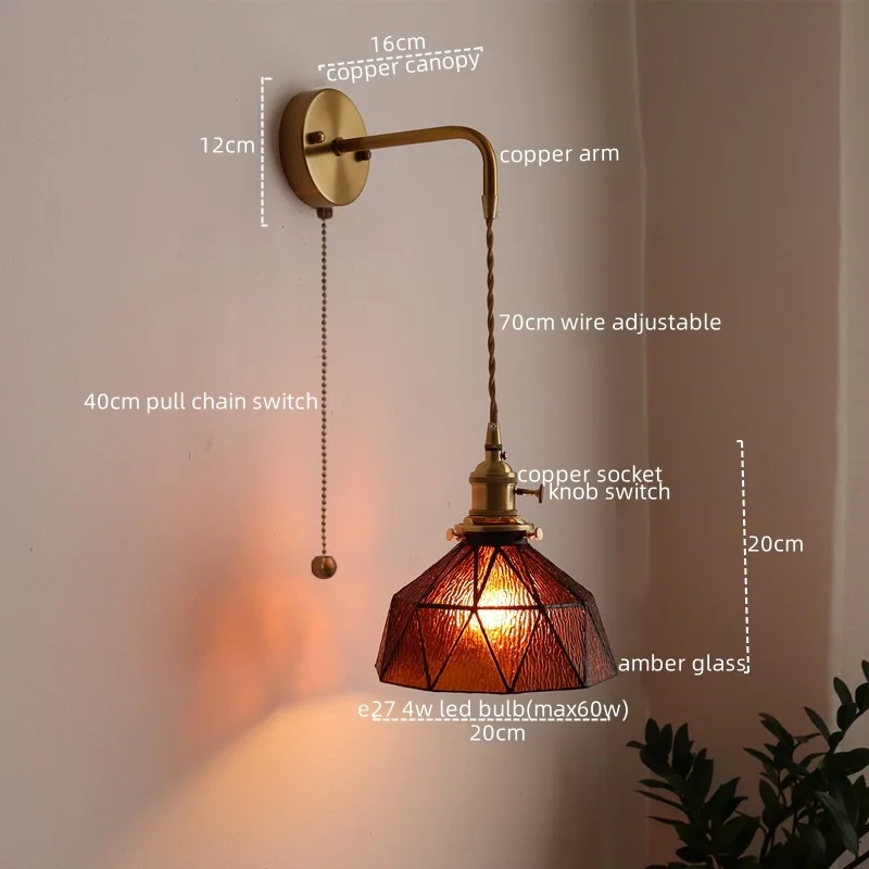 IWHD Pull Chain Switch LED Wall Lamp Sconce Copper Glass Indoor Living Room House Stair Light Fixtures Home Decor Lamparas