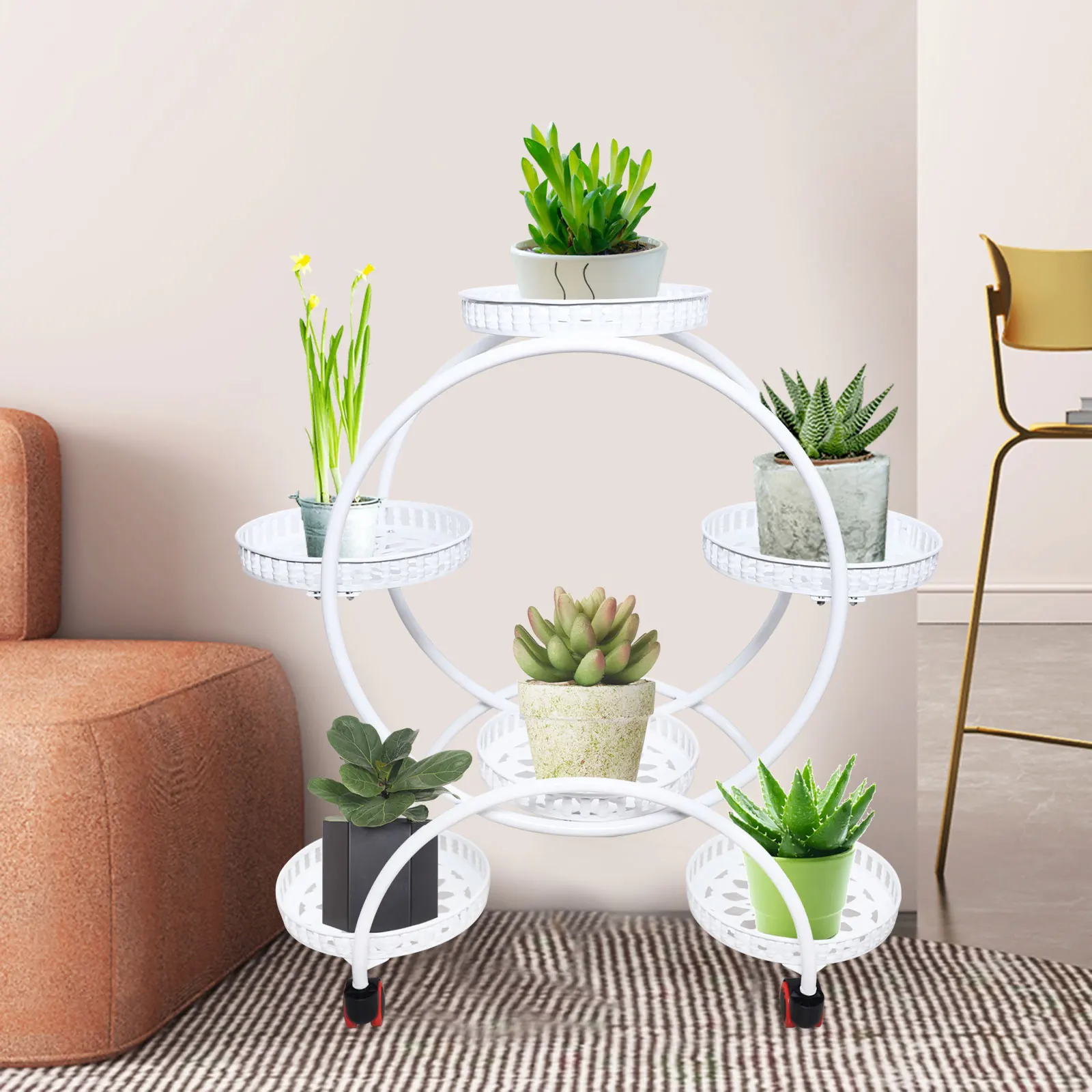 White Wrought Iron 6-Tier Plant Stand with Wheels for Indoor and Outdoor Use