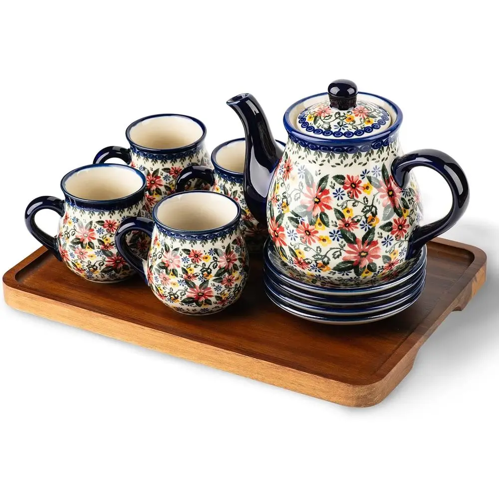 

polish pottery style porcelain ceic 10 piece Tea set,7.2oz tea cup and sauce set o 4,28.2oz teapot and wooden serving tray.（ Exo