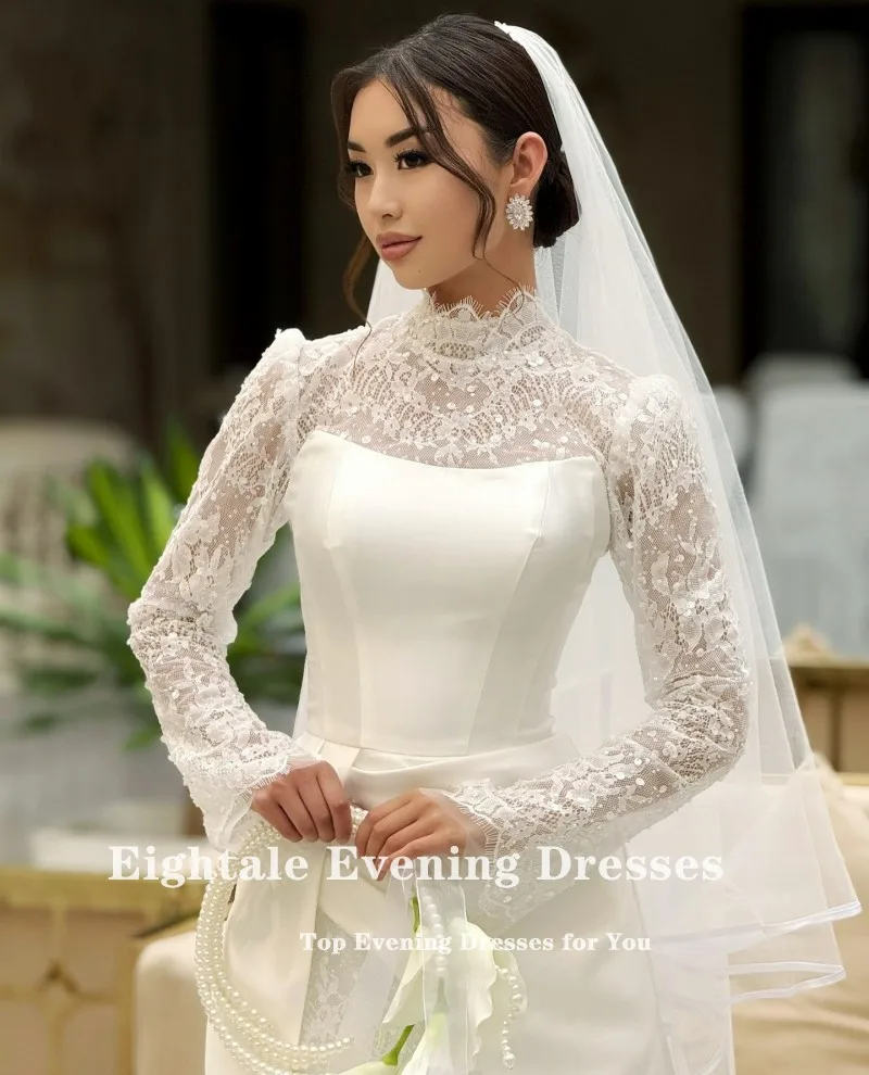 فستان زفاف عربي Eightale برقبة عالية دانتيل مخصص من الساتان بأكمام طويلة فستان زفاف إسلامي حورية البحر فستان حفلات العروس #4