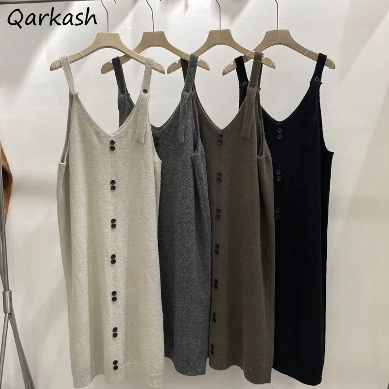 Vestidos femininos outono sem mangas de malha botão design sólido all-match camadas coreano elegante atraente minimalista diariamente