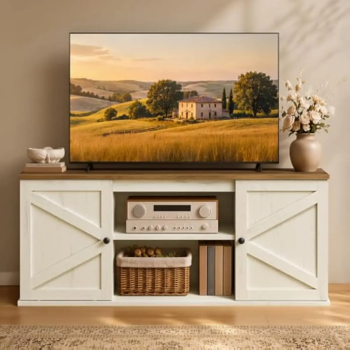 Rustic White and Honey Brown Farmhouse-Style TV Console for 65 Inch Screens • 58 Inch Wide Woodgrain Media Unit with Sliding Bar