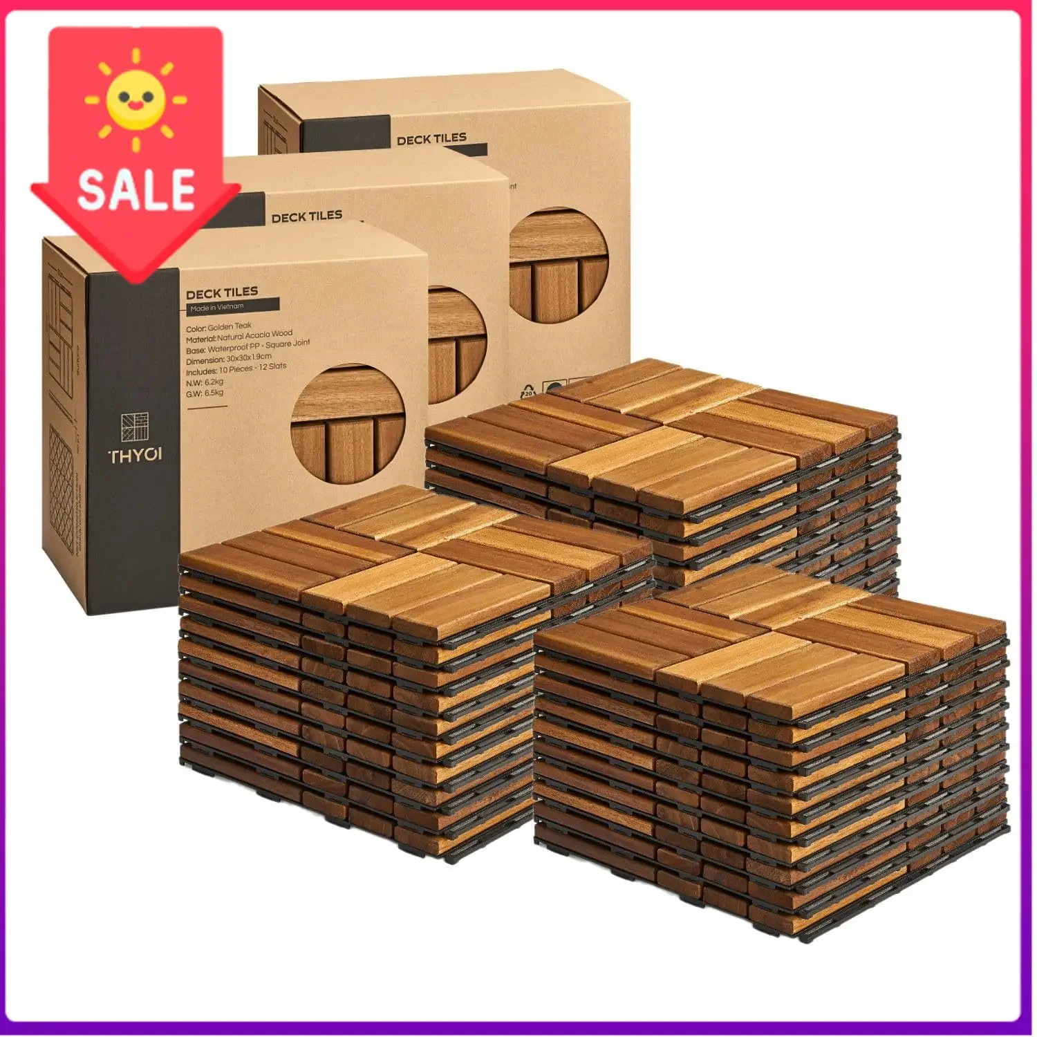 US WarehousePremium Deck Tiles, 30 Pcs Patio Flooring - Golden Teak - Crossed | Square Joints - Interlocking Deck Tiles, 12