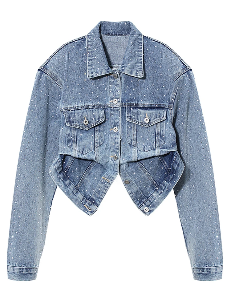 

DEAT Fashion Wmen's Denim Coat Lapel Single Breasted Irregular Short Nail Bead Decorate Short Coats Autumn 2024 New Tide 7AB3860