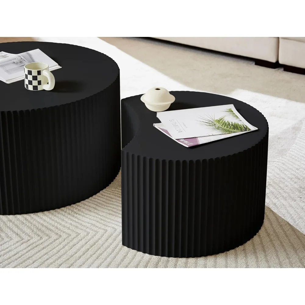 모던 블랙 네스팅 커피 테이블 듀오 - 거실 및 다이닝 공간을 위한 컴팩트한 원형 드럼 사이드 테이블