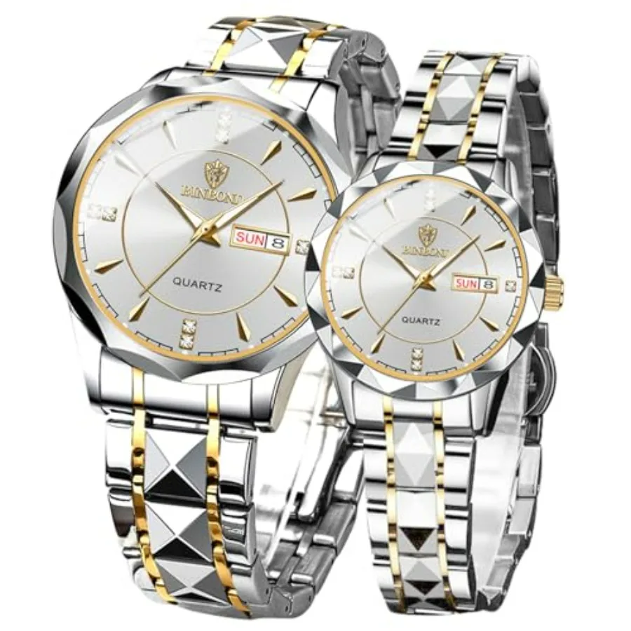 

Valentines Couple Pair Watches Men and Women Luminous Calendar Waterproof Stainless Steel Quartz Watch Face his and Hers Watche