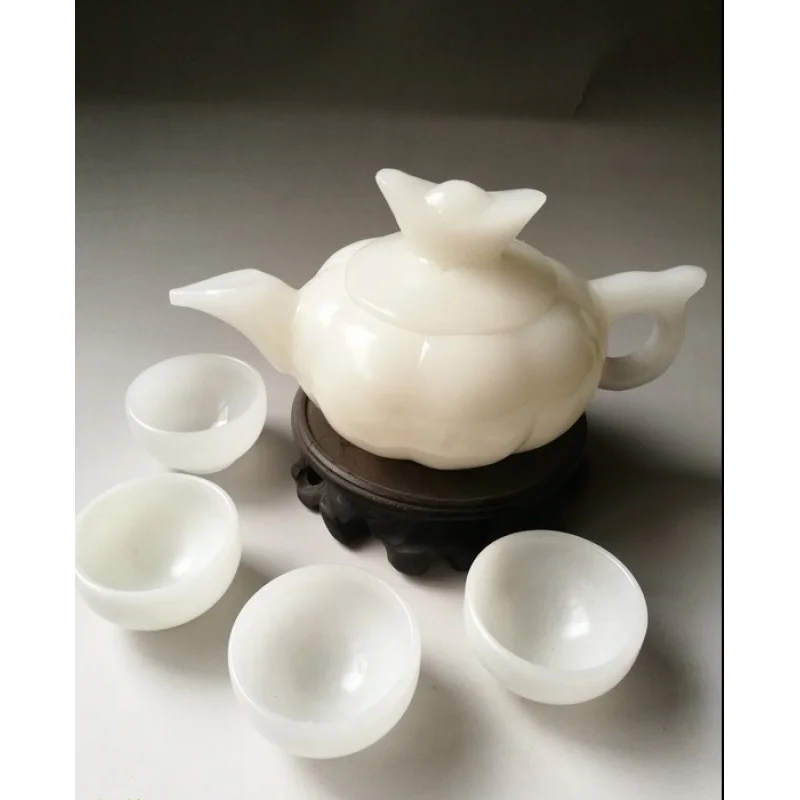 Chinese Jade Carved White Jade Teapot Teapot Four Cups Tea Kung Fu with Box