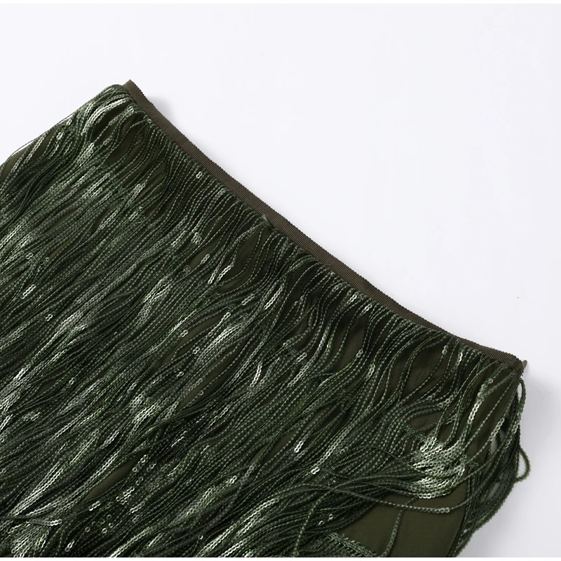 Women's Olive Green Sequin Fringe Midi Skirt Sparkly Tassel Party Skirt for Evening Clubwear 2025 Festival New Sexy Lady Skirts