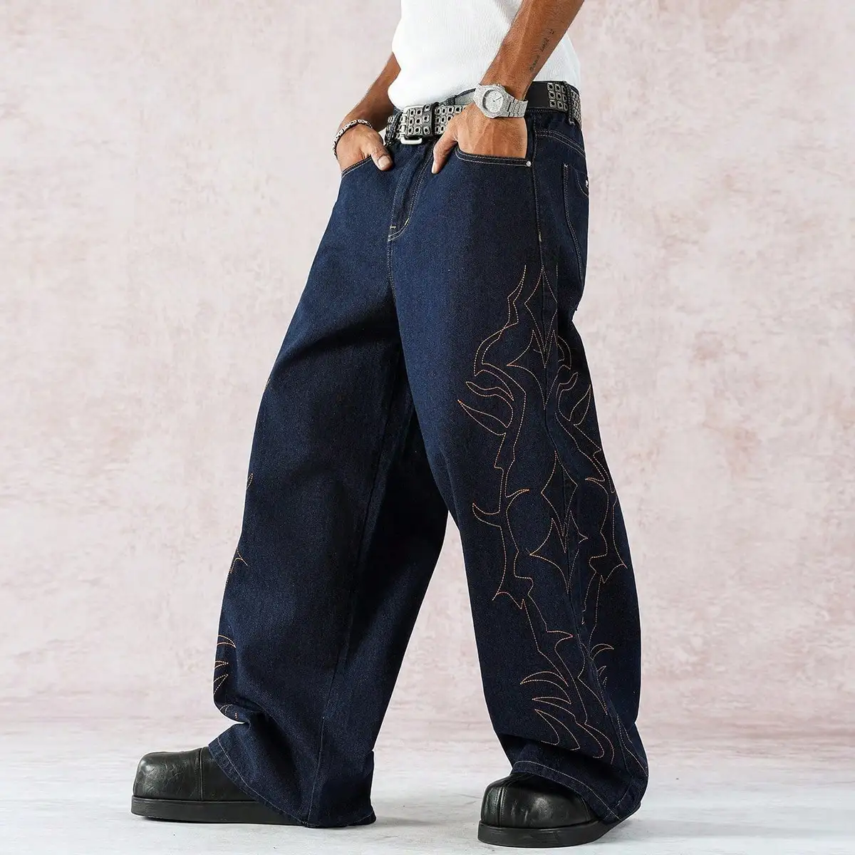 Men's Dark Blue Wide-Leg Jeans, Retro Hip-Hop Style Flame Embroidery Dad Pants, Street Trend Loose Trousers