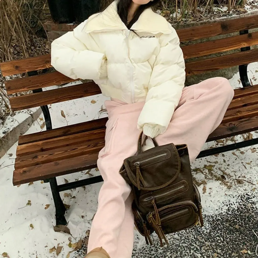 

Женская хлопковая верхняя одежда белого цвета с темно-синим воротником, универсальная высококачественная теплая свободная утягивающая короткая стильная одежда для