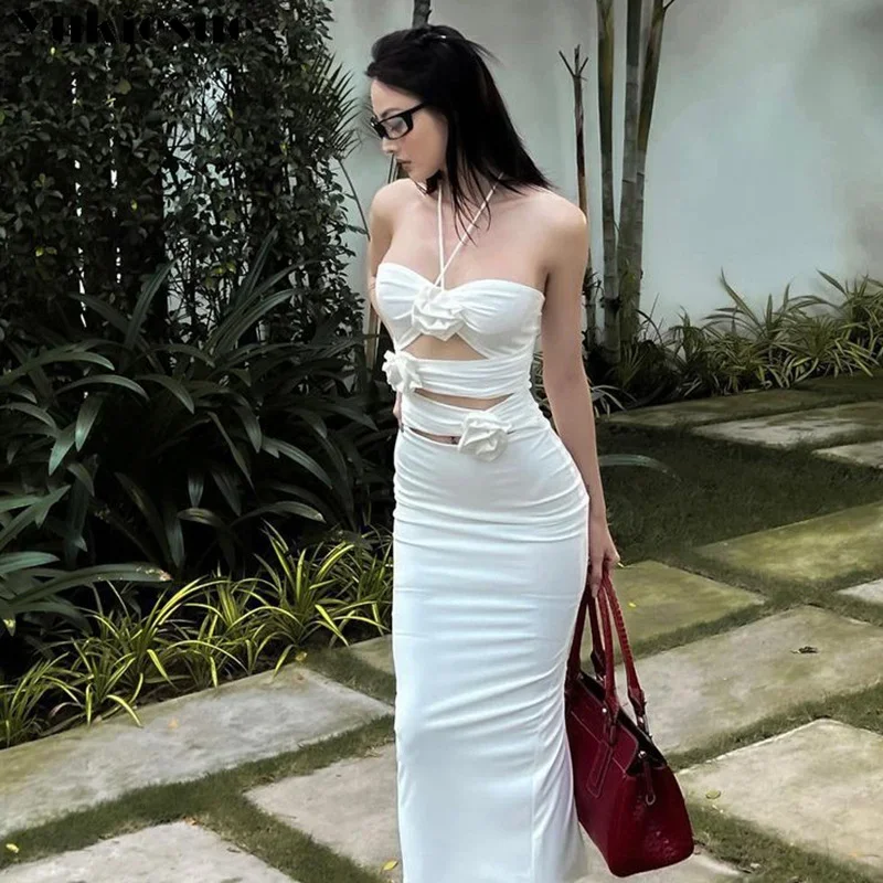 Sem mangas sem costas plissado magro maxi vestido de férias de verão rendas até bodycon vestidos sexy halter flor recorte magro vestido longo