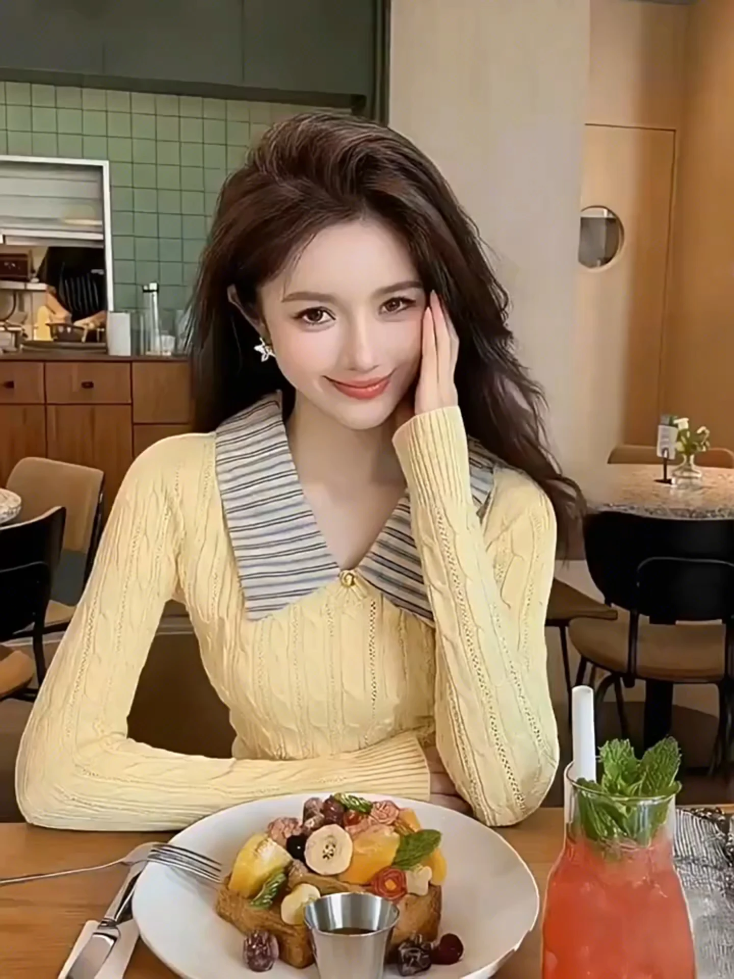 Suéter de Punto con Hilos Teñidos para Mujer, Corte Ajustado, Cuello en V, Diseño a Rayas y Parches, Estilo Dulce y Antiedad ...