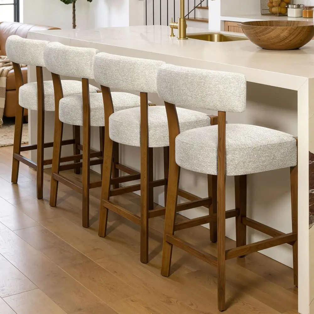 

26 Inch Counter Height Bar Stools Set of 4, Upholstered Beige Linen Fabric Barstools with Solid Walnut Wood Legs, Elegant MidCe